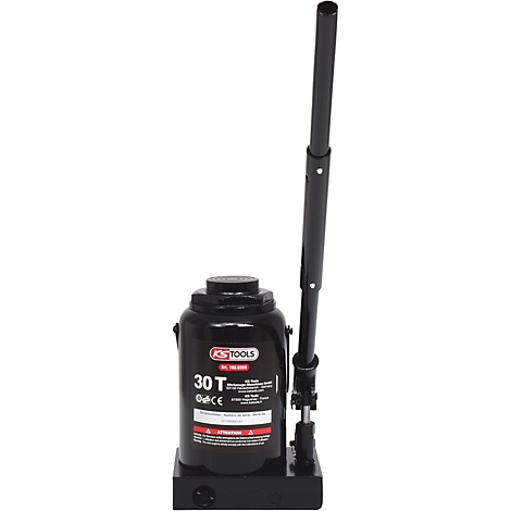 Schwarzer hydraulischer Wagenheber mit 30 Tonnen Hubkraft. Griffstange ragt nach oben.